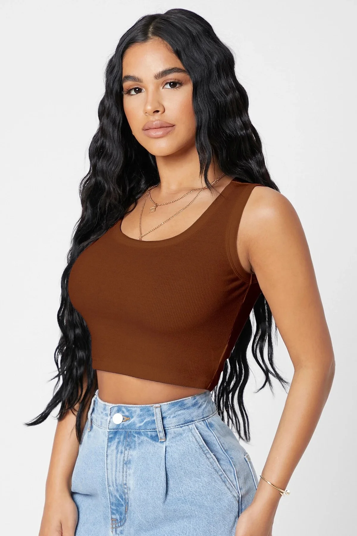 Kadın Kahverengi Kare Yaka Crop Top Bluz görsel 5