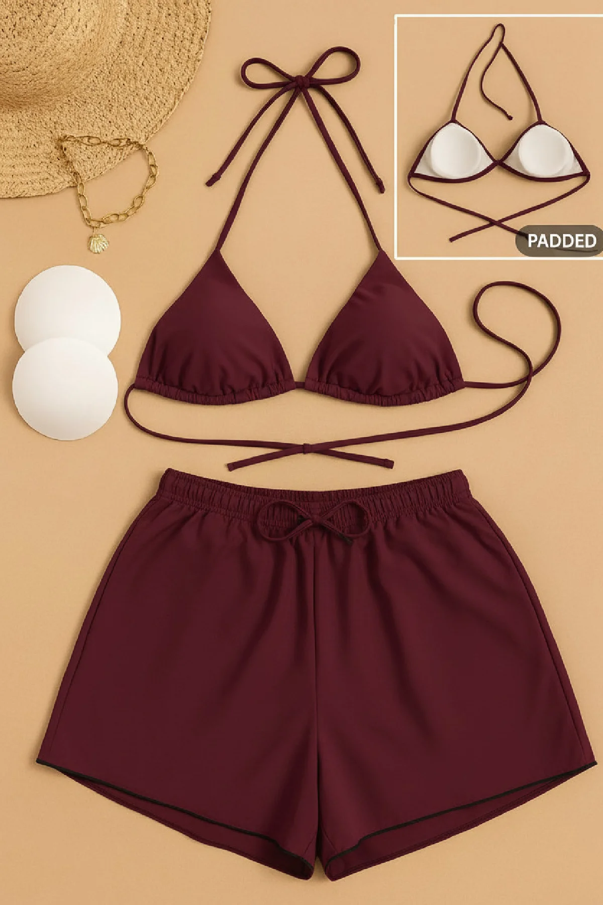 Kadın 3'lü Set Bordo Şortlu ve Yandan Bağlamalı Bikini Mayo Takımı görsel 2