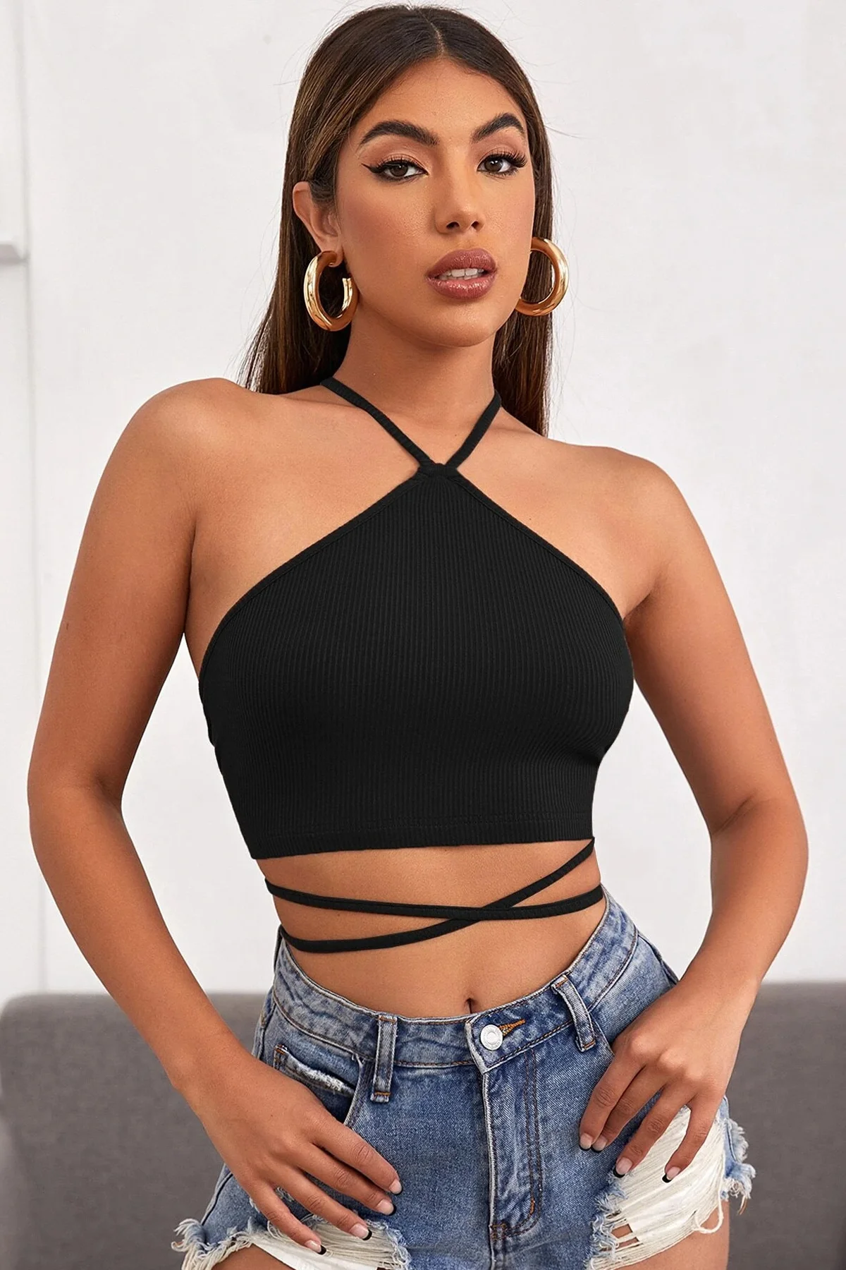 Kadın Siyah Sırtı Açık Boyundan Çapraz Bağlamalı Crop Top Bluz görsel 4