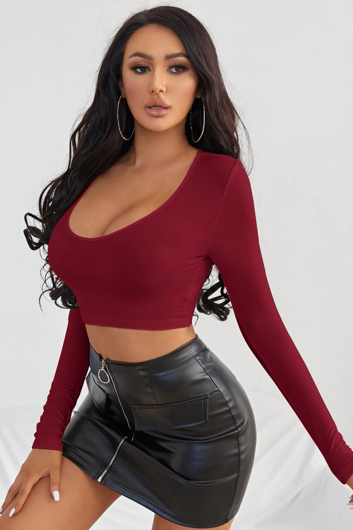 Kadın Bordo Uzun Kol Kare Yaka Crop Top Bluz görsel 3
