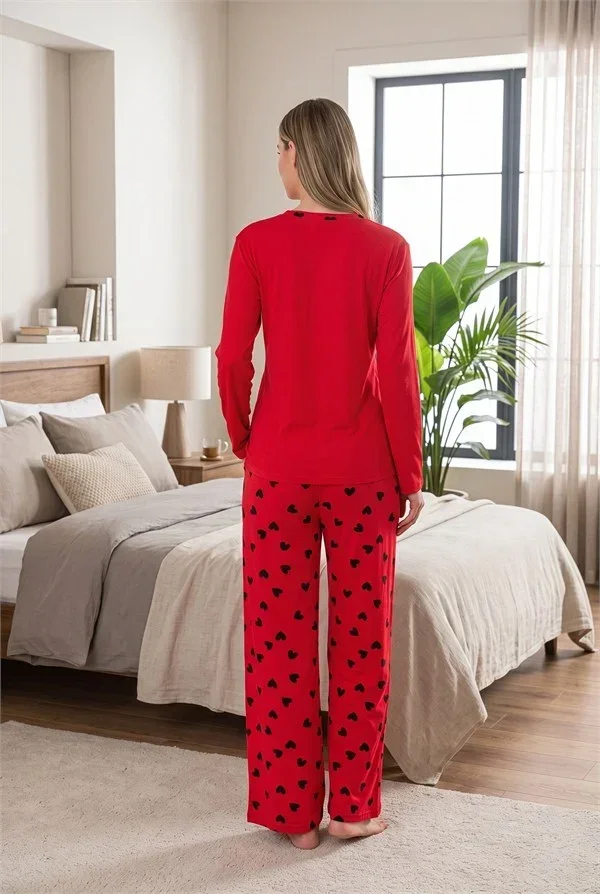 Şık Tasarım Kalp Desenli Geniş Paçalı Yumuşak Dokulu Viskon Kumaş V Yaka 2'li Pijama Takımı görsel 3