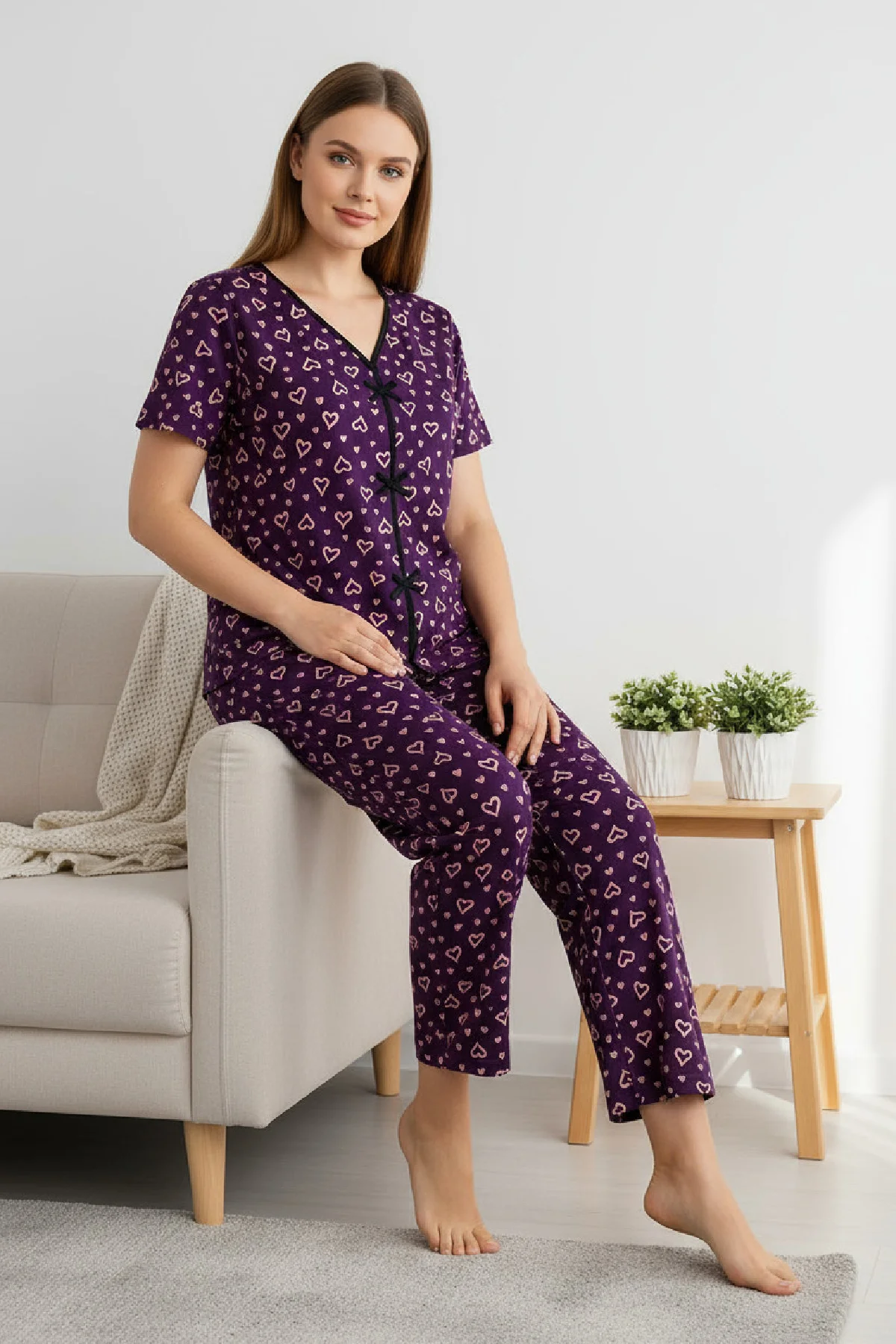 Kadın Mor Kalp Desenli Fiyonklu Kısa Kollu Uzun Pijama Takımı görsel 7