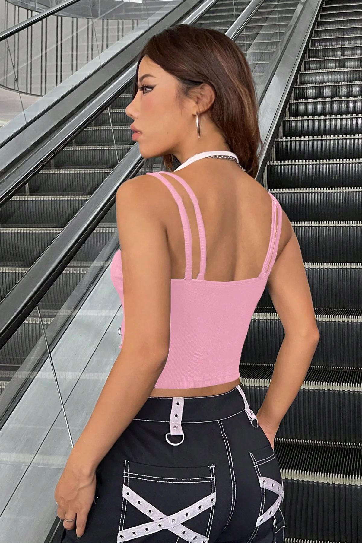 Kadın Pembe Beyaz Çift Renk Çapraz Askılı Crop Top Bluz görsel 2