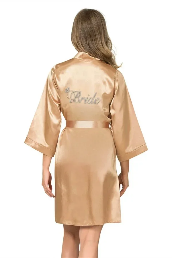 Şık Tasarım Yumuşak Dokulu Gold Kısa Saten Bride Sabahlık