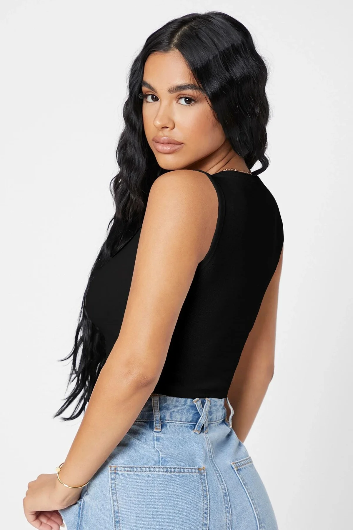 Kadın Siyah Kare Yaka Crop Top Bluz görsel 2