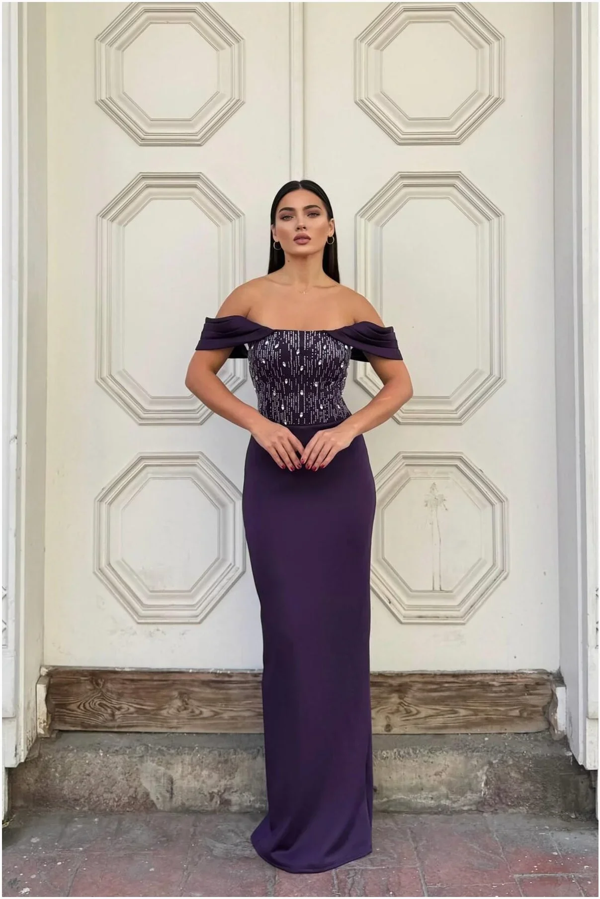 Kadın Modern Dik Yaka Payetli Maxi Uzun Kollu Abiye Elbise