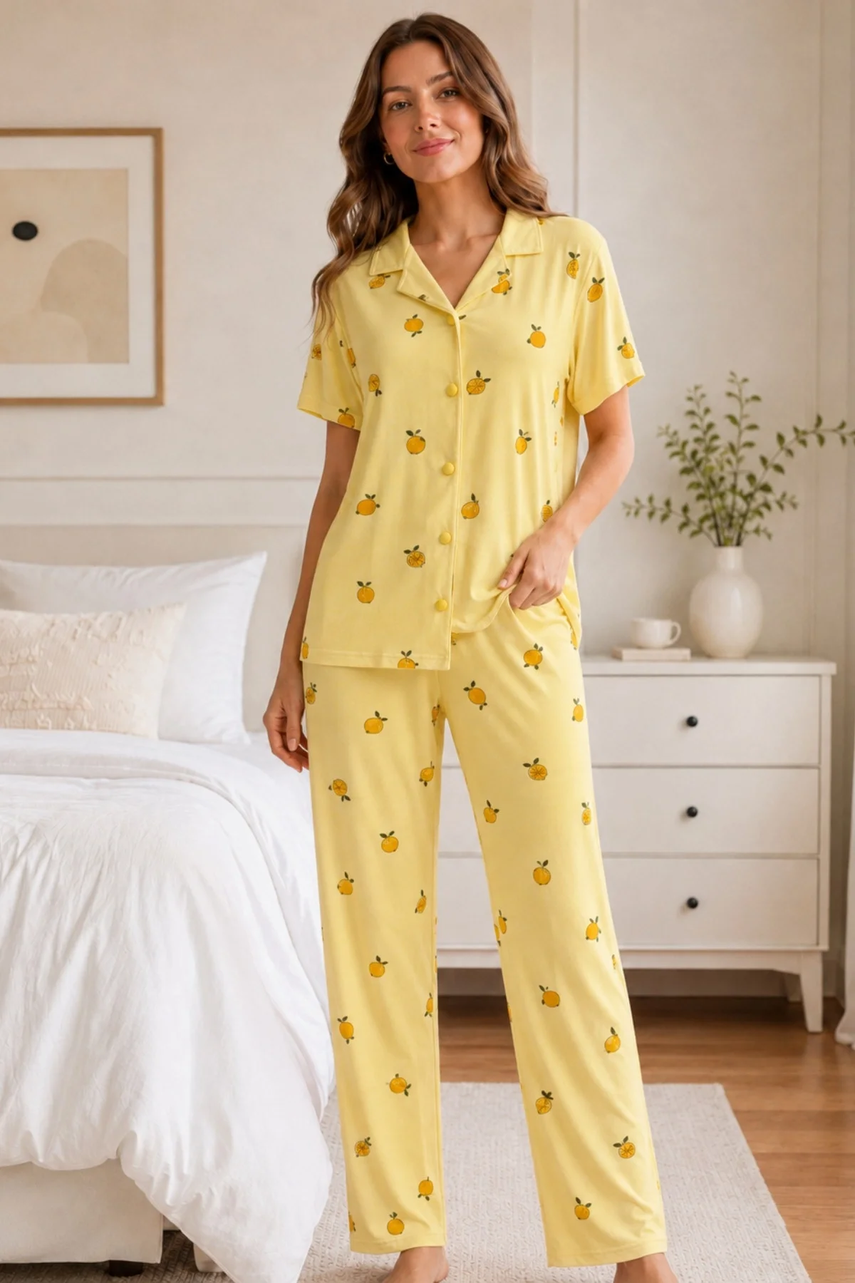 Sarı Limon Desenli Kısa Kollu Gömlek Yaka Milan Kumaş Kadın Pijama Takımı görsel 2