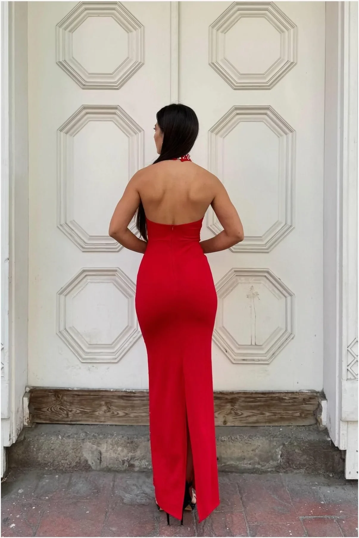 Kadın Gösterişli Balıkçı Yaka Balık Kesim Uzun Kollu Abiye Elbise görsel 2