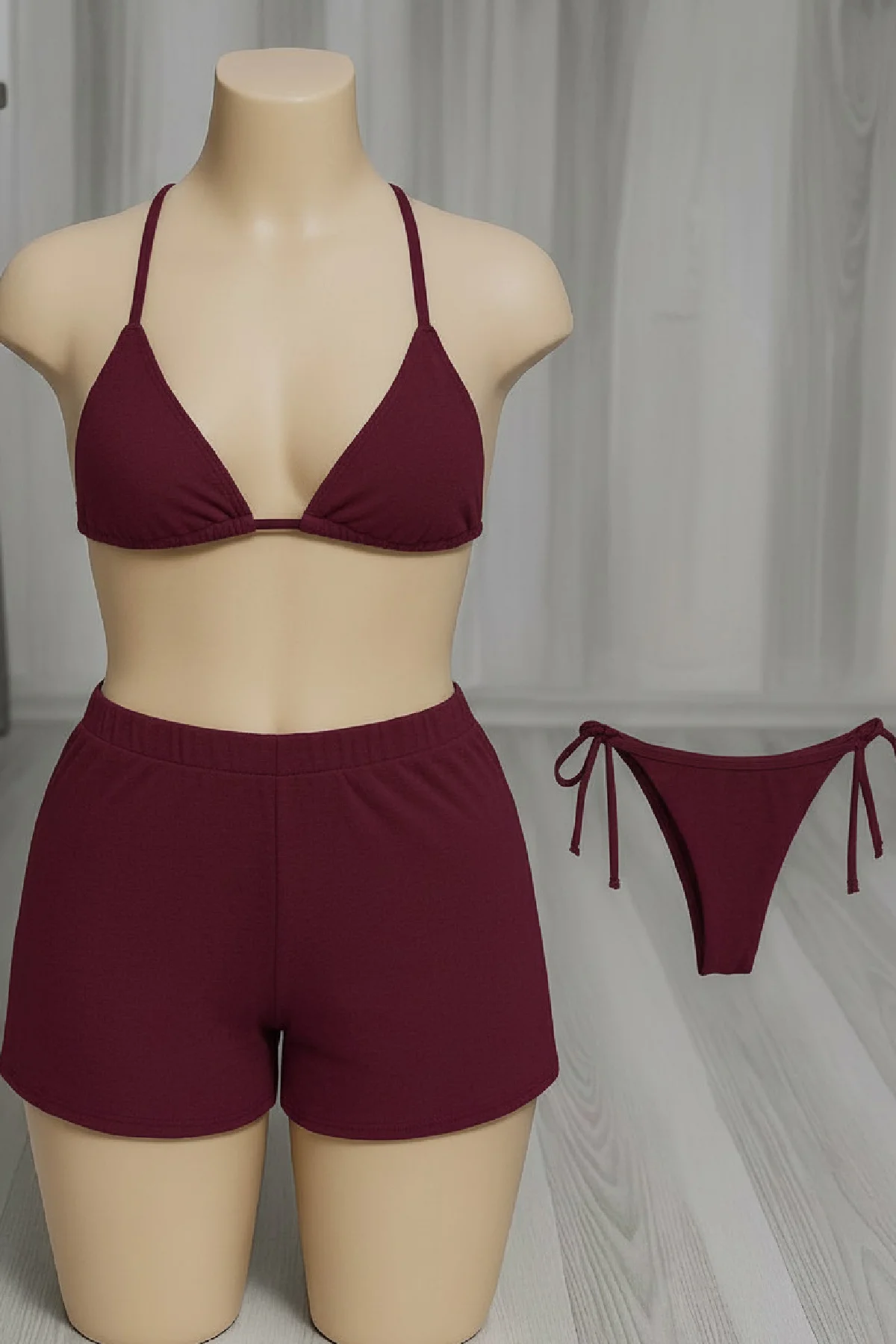 Kadın 3'lü Set Bordo Şortlu ve Yandan Bağlamalı Bikini Mayo Takımı görsel 3