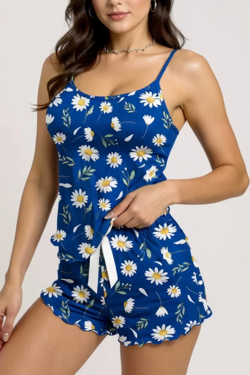 Papatya Desenli Mavi Askılı Şortlu Pijama Takımı görsel 2