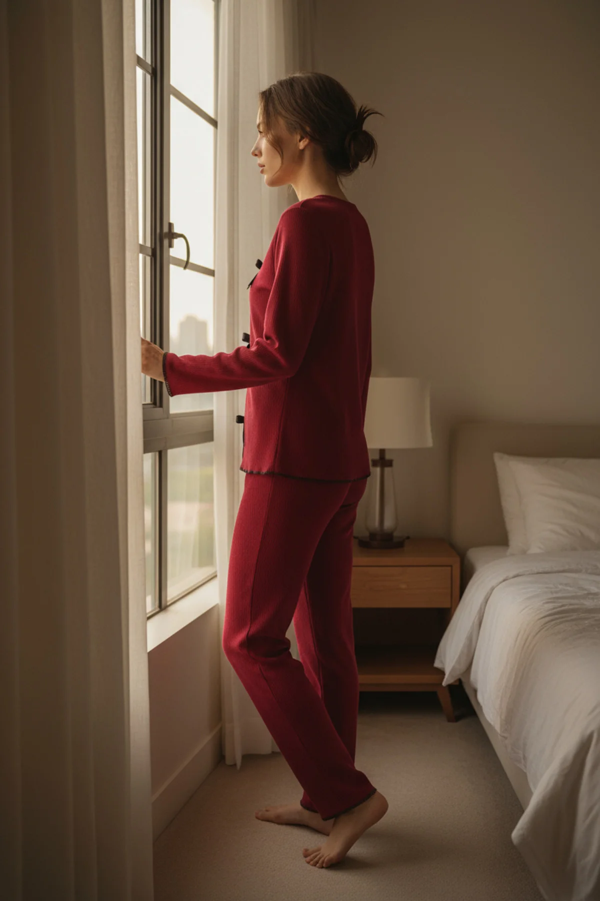 Kadın Bordo Fiyonklu İç Çamaşırı ve Uzun Kollu V Yaka Pijama Takımı 4'lü Set görsel 7