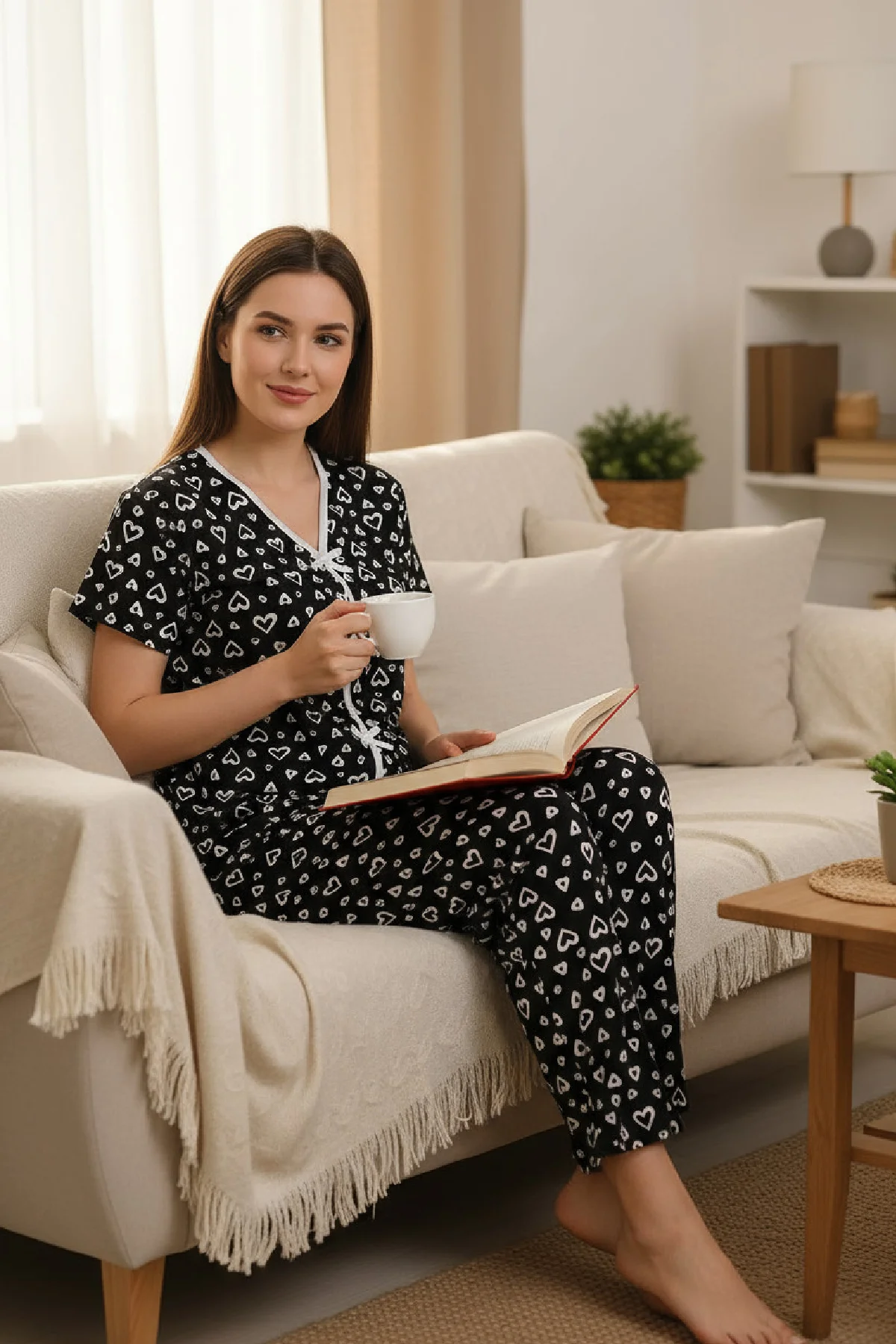 Kadın Siyah Kalp Desenli Fiyonklu Kısa Kollu Uzun Pijama Takımı görsel 6