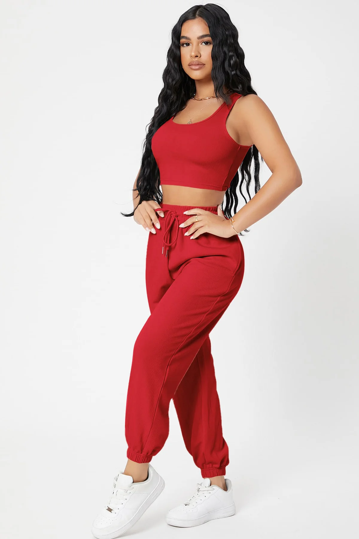 Kadın Kırmızı Kaşkorse Cepli Jogger Eşofman Altı ve Crop Top Bluz görsel 3