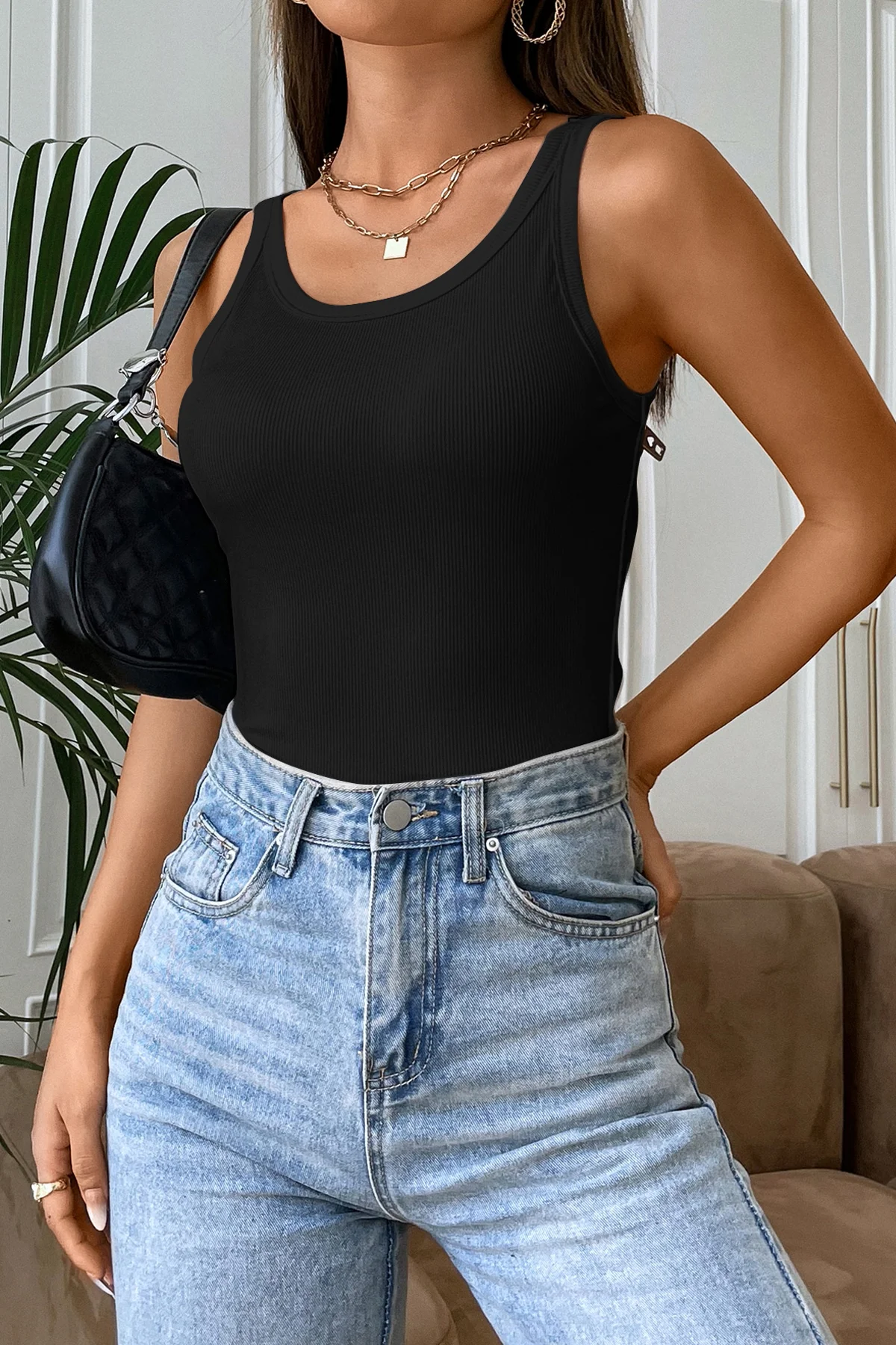 Kadın Siyah Kolsuz Kalın Askılı Uzun Crop Top Bluz & Atlet görsel 4