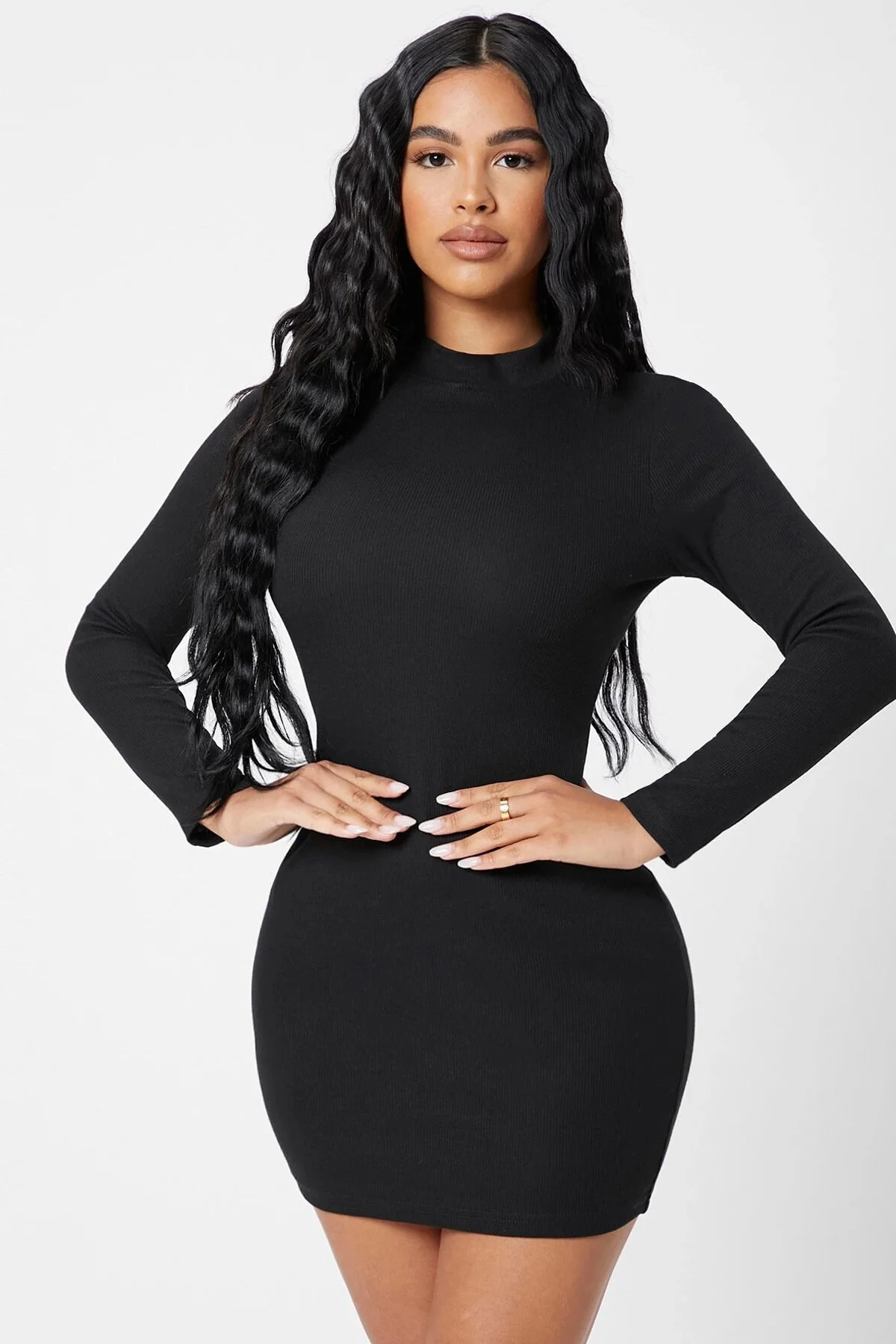 Kadın Siyah Kaşkorse Balıkçı Yaka Uzun Kollu Bodycon Mini Elbise görsel 4