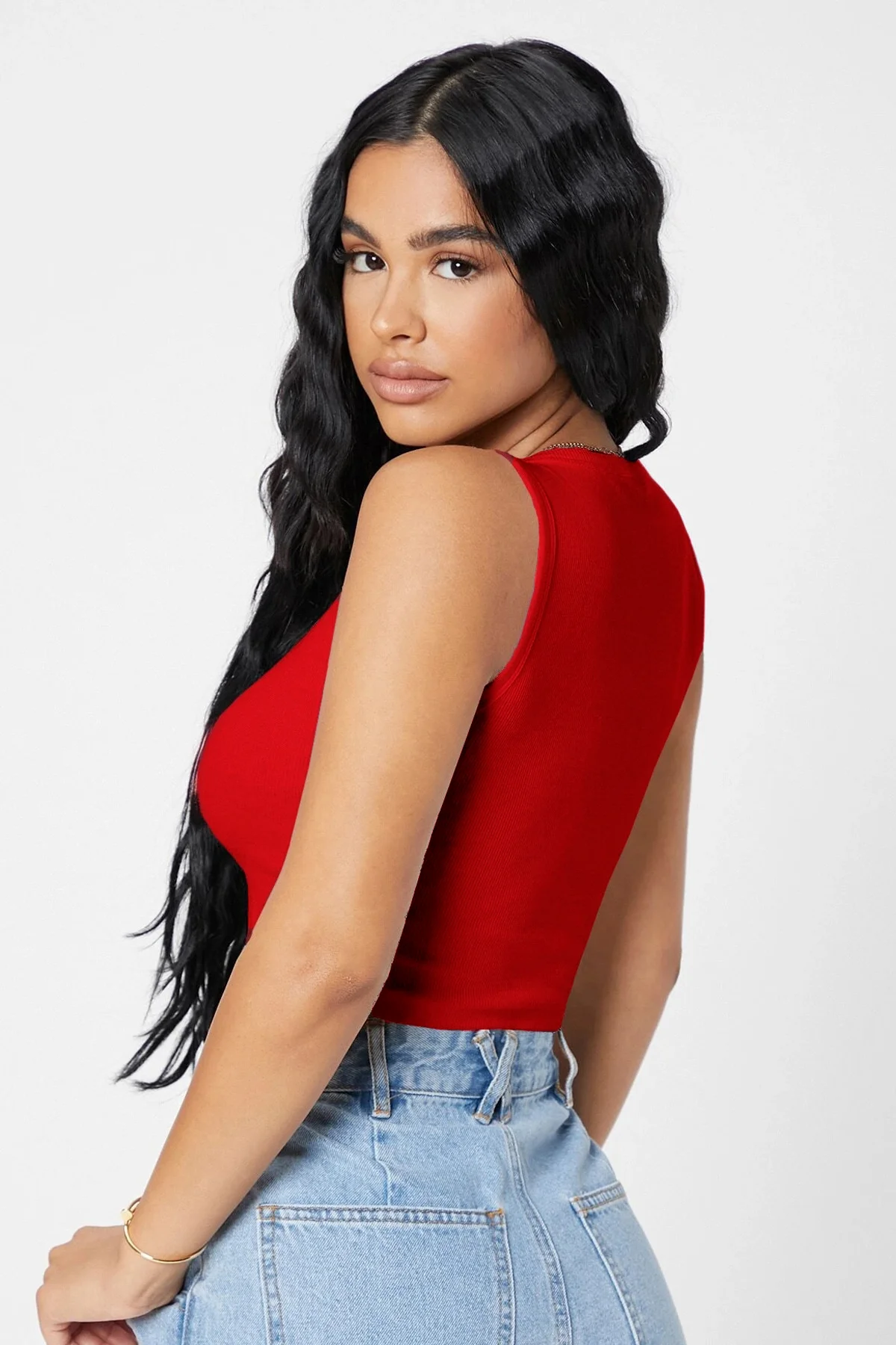 Kadın Kırmızı Kare Yaka Crop Top Bluz görsel 2