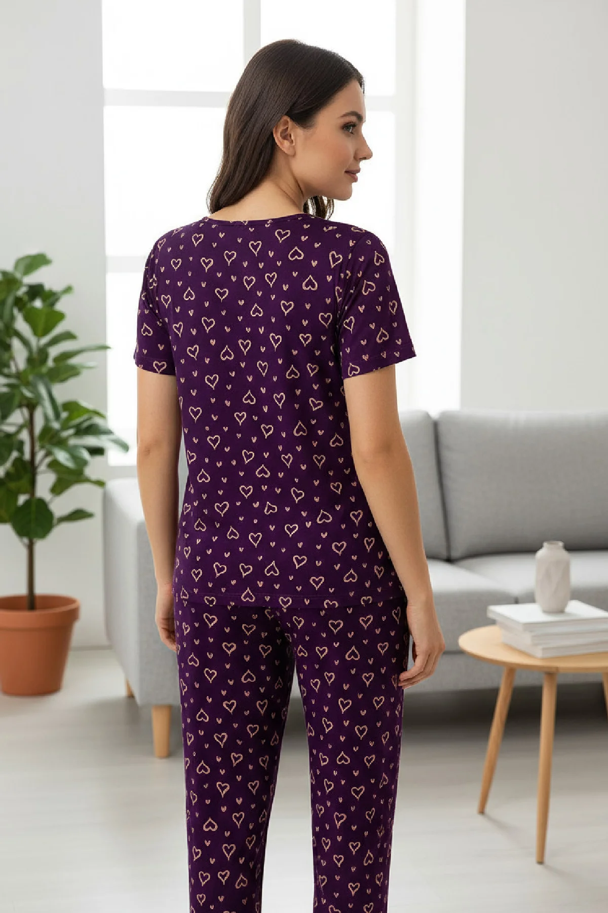 Kadın Mor Kalp Desenli Fiyonklu Kısa Kollu Uzun Pijama Takımı görsel 8