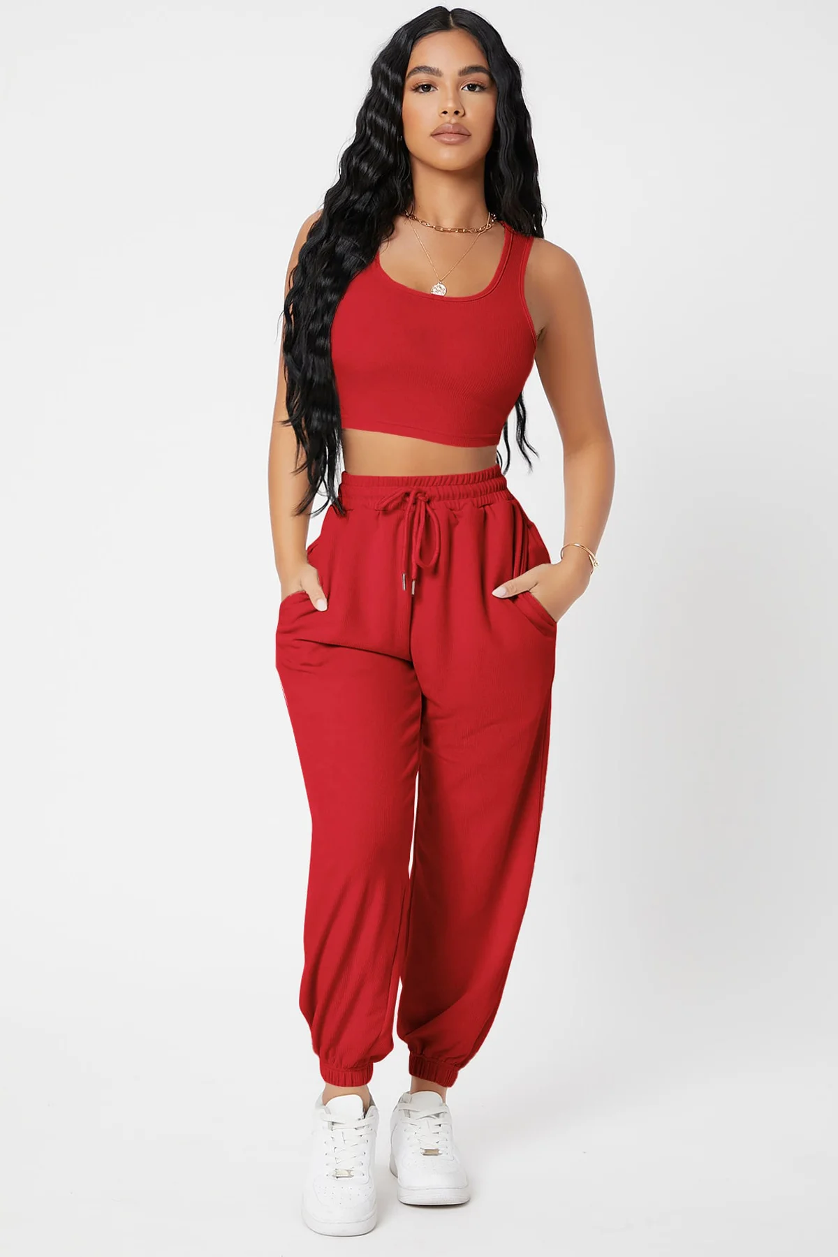 Kadın Kırmızı Kaşkorse Cepli Jogger Eşofman Altı ve Crop Top Bluz görsel 4