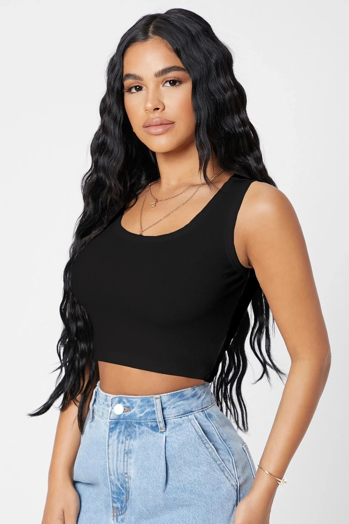 Kadın Siyah Kare Yaka Crop Top Bluz görsel 5