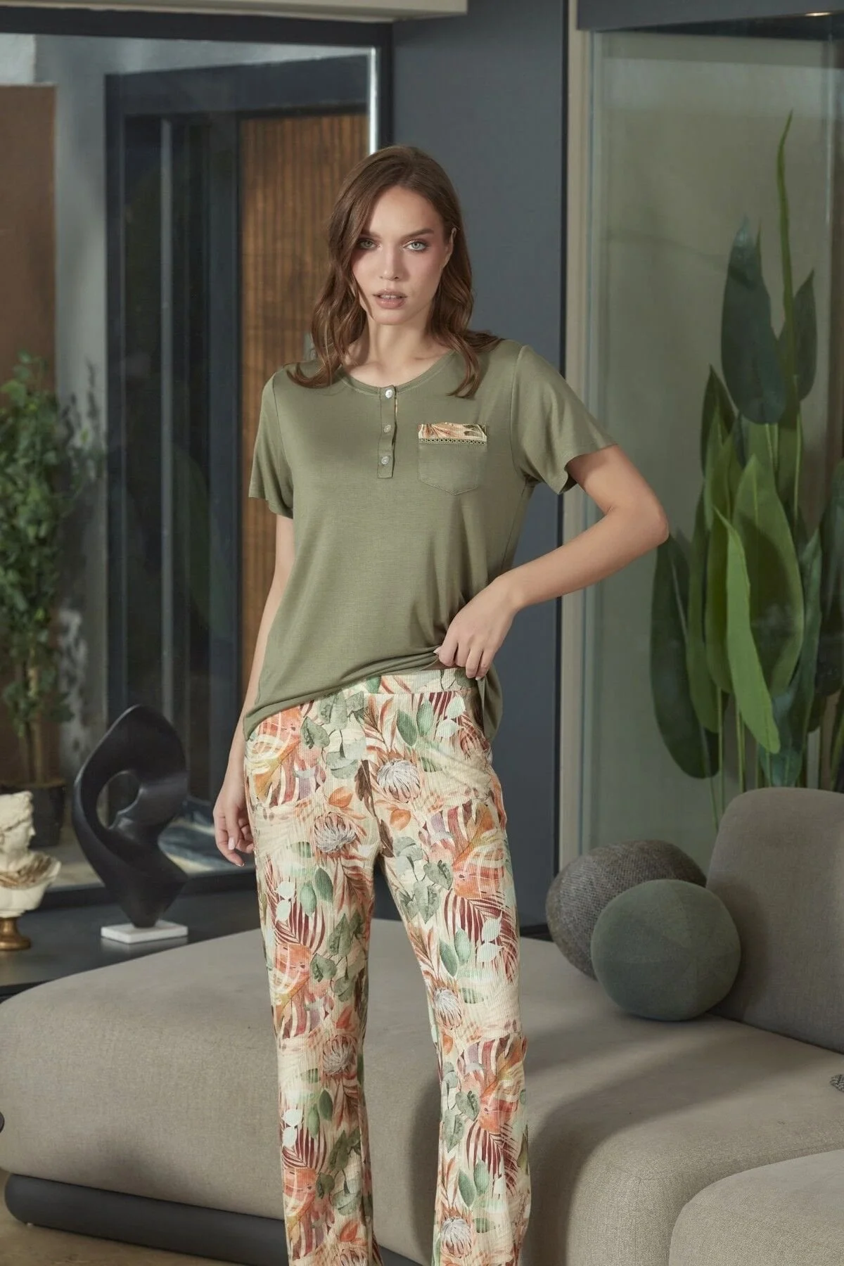 Aqua 26593 Kadın Desenli Kısa Kol Pijama Takımı