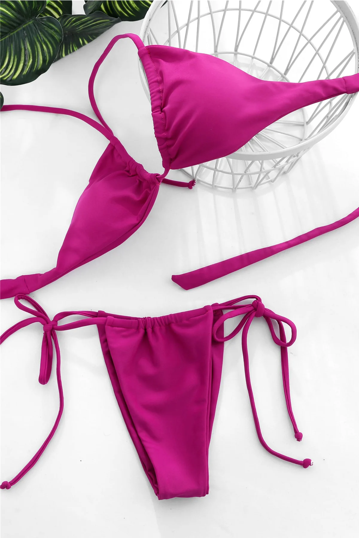 Kadın Fuşya Yandan Bağlamalı Tangalı Üçgen Bikini Mayo Takımı görsel 3