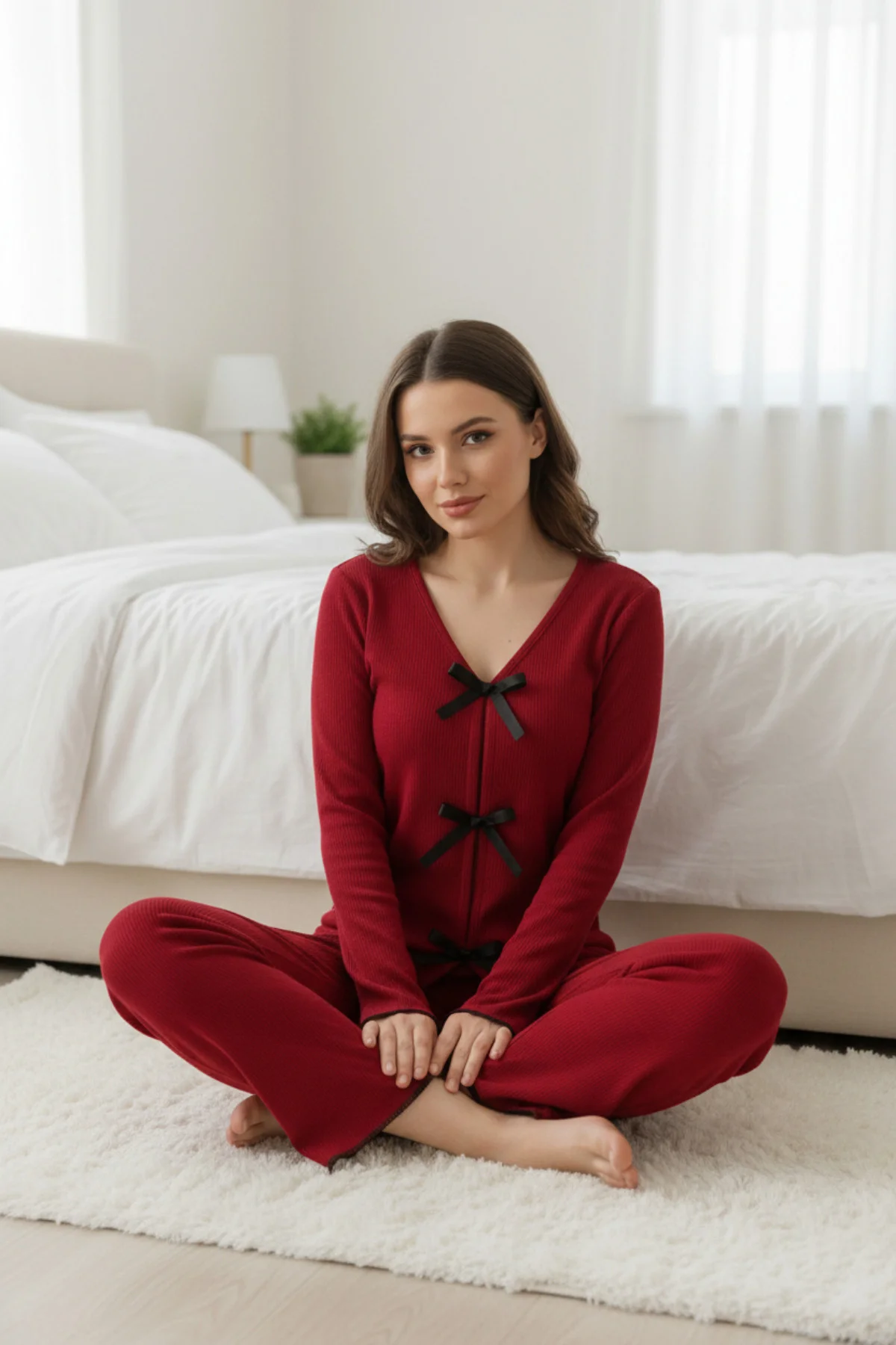 Kadın Bordo Fiyonklu İç Çamaşırı ve Uzun Kollu V Yaka Pijama Takımı 4'lü Set görsel 3