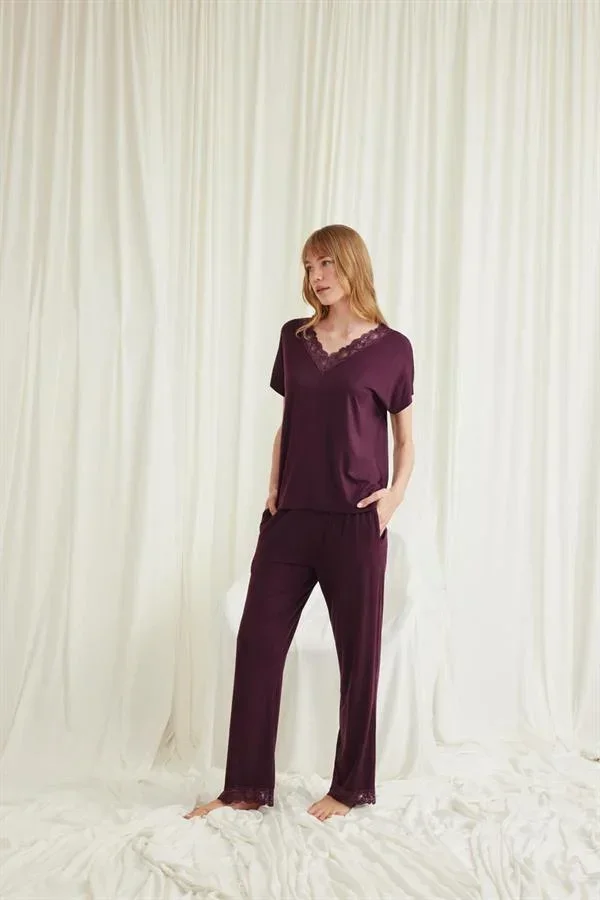 Kısa Kollu V Yakalı Dantelli Viskon Pijama Takımı görsel 2