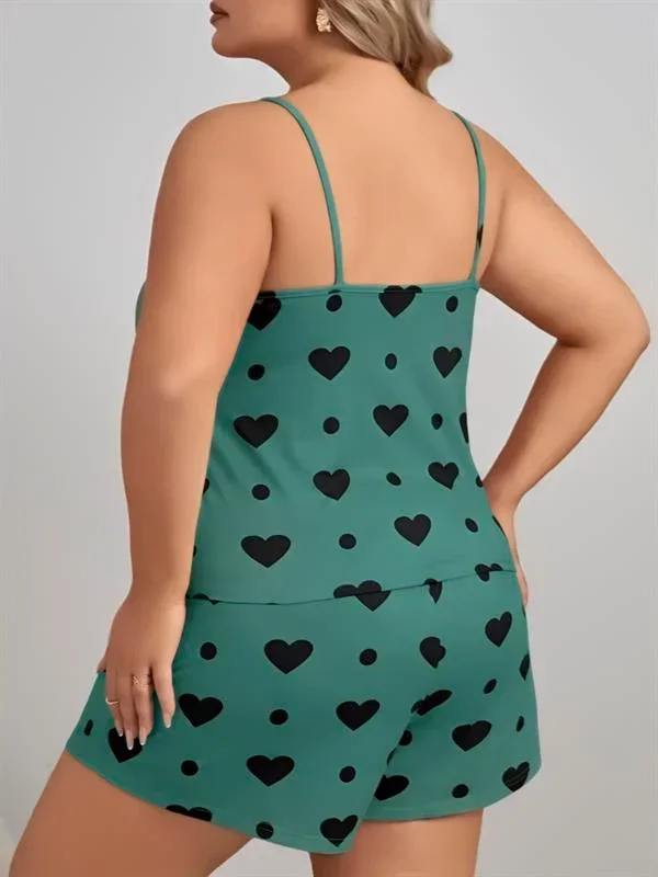 Büyük Beden Yeşil Kalp Desen Pamuklu Şortlu Pijama Takımı görsel 3