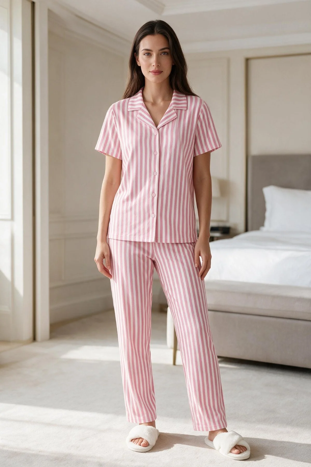 Kadın Pembe Beyaz Çizgili Kısa Kollu Düğmeli Milan Kumaş Pijama Takımı görsel 3
