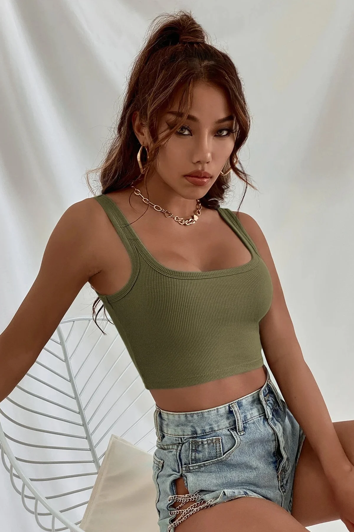 Kadın Haki Yeşili Kalın Askılı Crop Top Büstiyer görsel 7