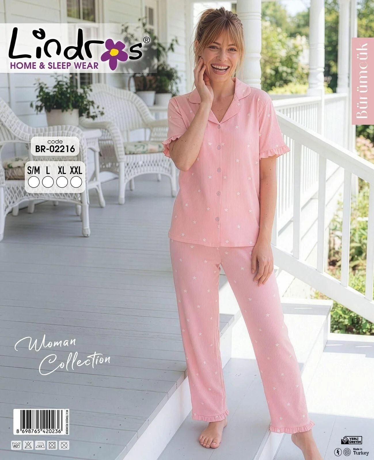 Lindros BR-02216 Kadın Kısa Kollu Bürümcük Düğmeli Pijama Takım