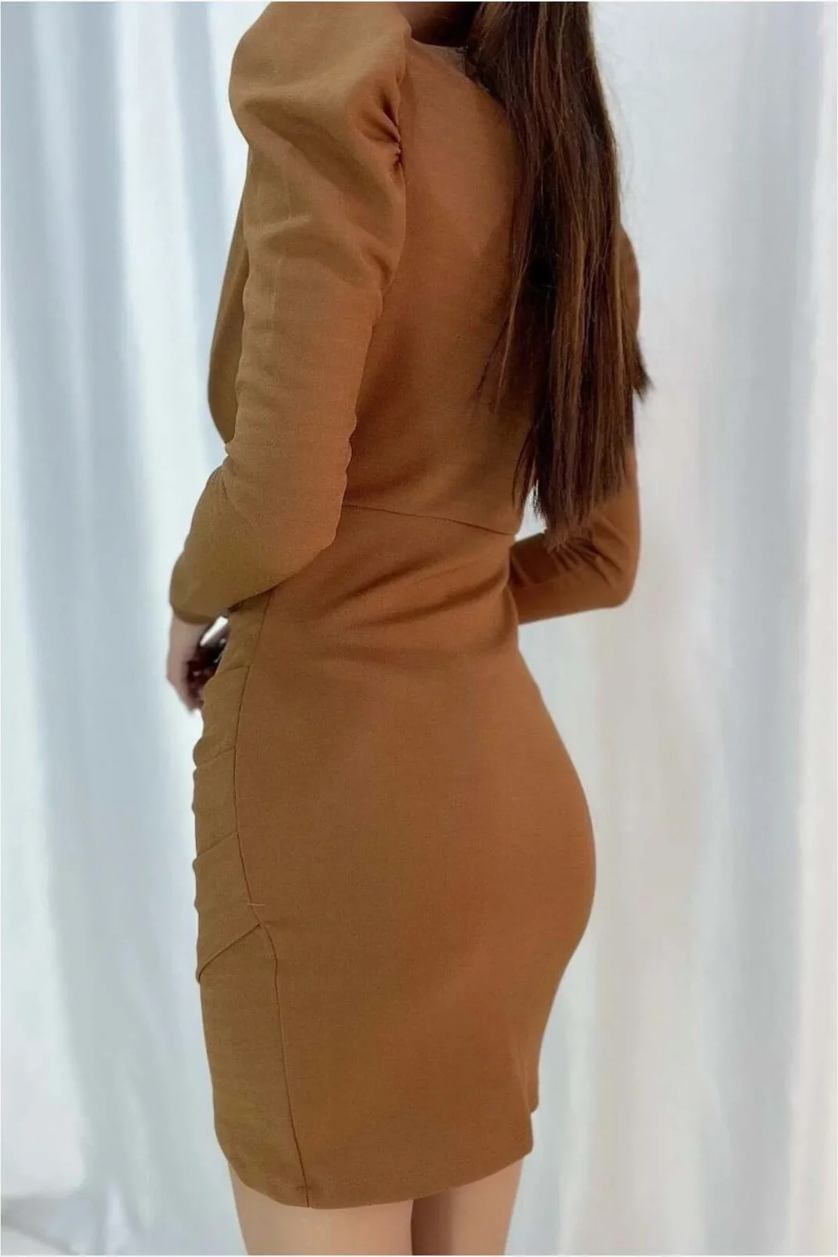 Kruvaze Balon Elbise Yaka Kollu görsel 2