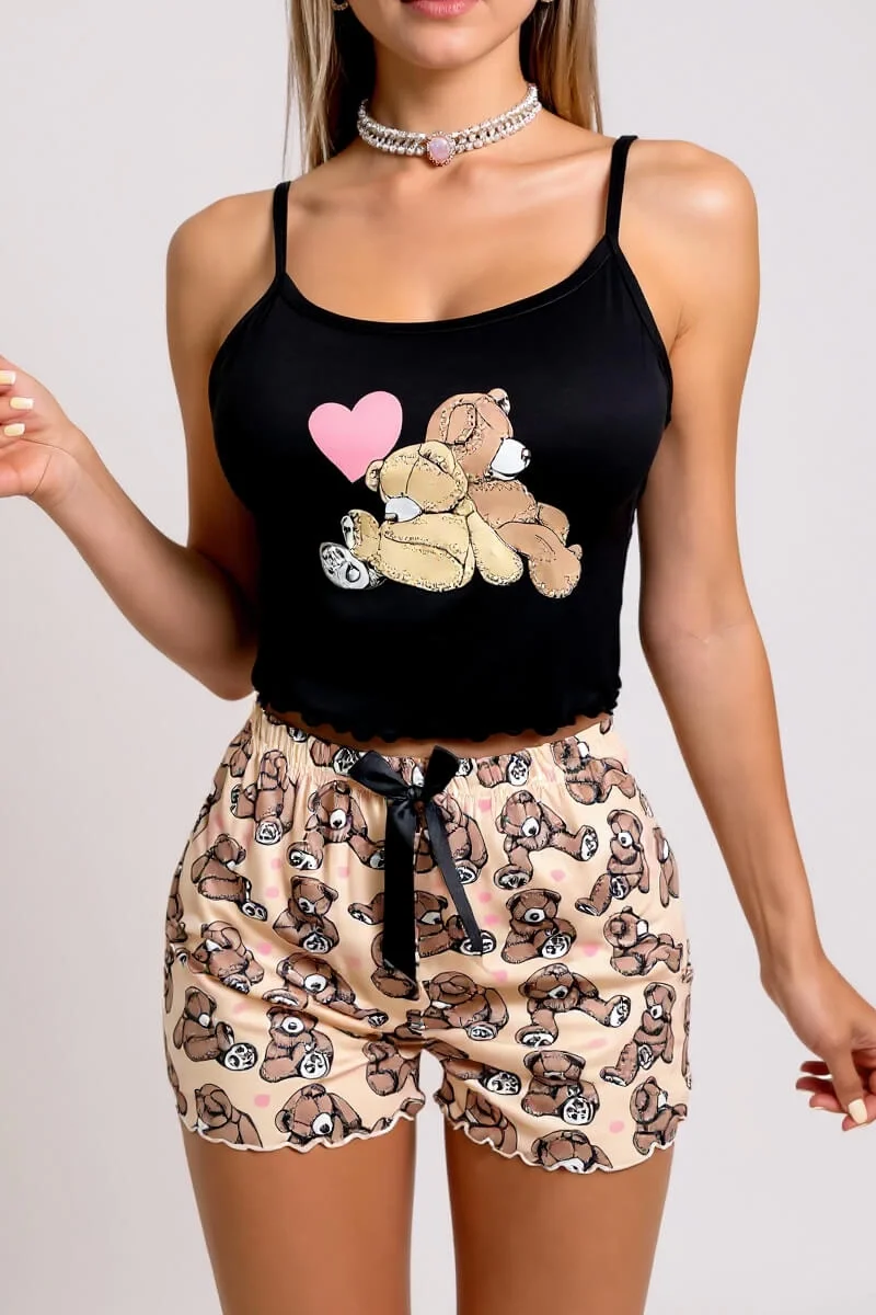 Renkli Ayıcık Desenli Askılı Şortlu Kadın Pijama Takımı görsel 2