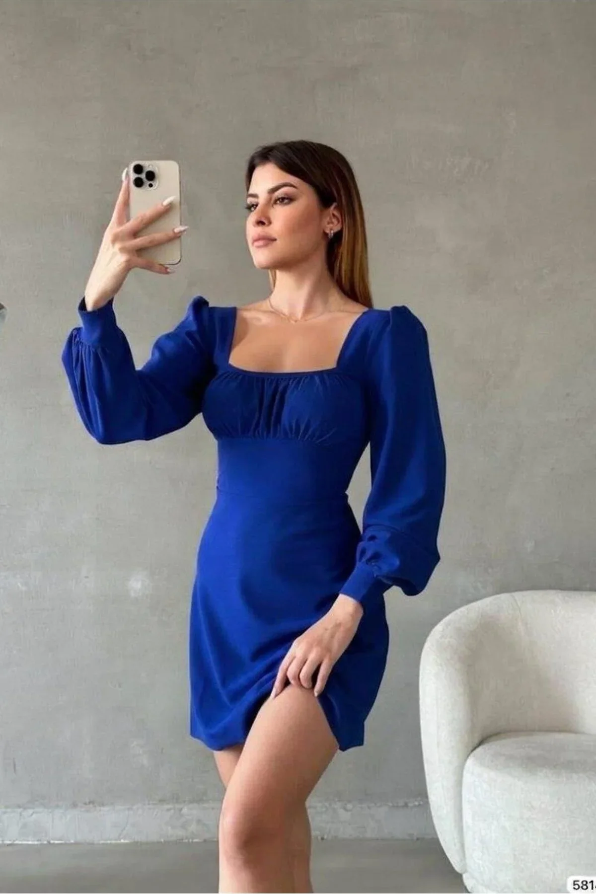 Kadın Krep Kumaş Kare Yaka Uzun Kollu Elbise