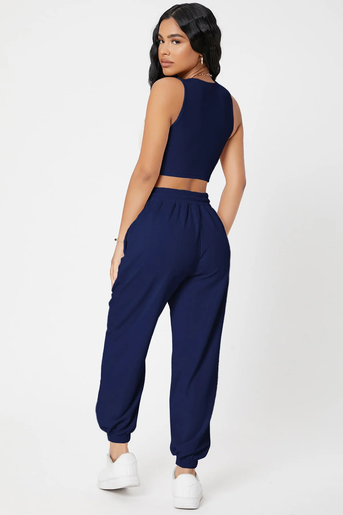 Kadın Lacivert Kaşkorse Cepli Jogger Eşofman Altı ve Crop Top Bluz görsel 2