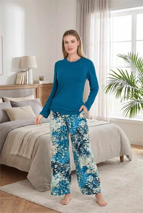 Şık Tasarım Desenli Geniş Paçalı Yumuşak Dokulu Viskon Kumaş 2'li Pijama Takımı görsel 2