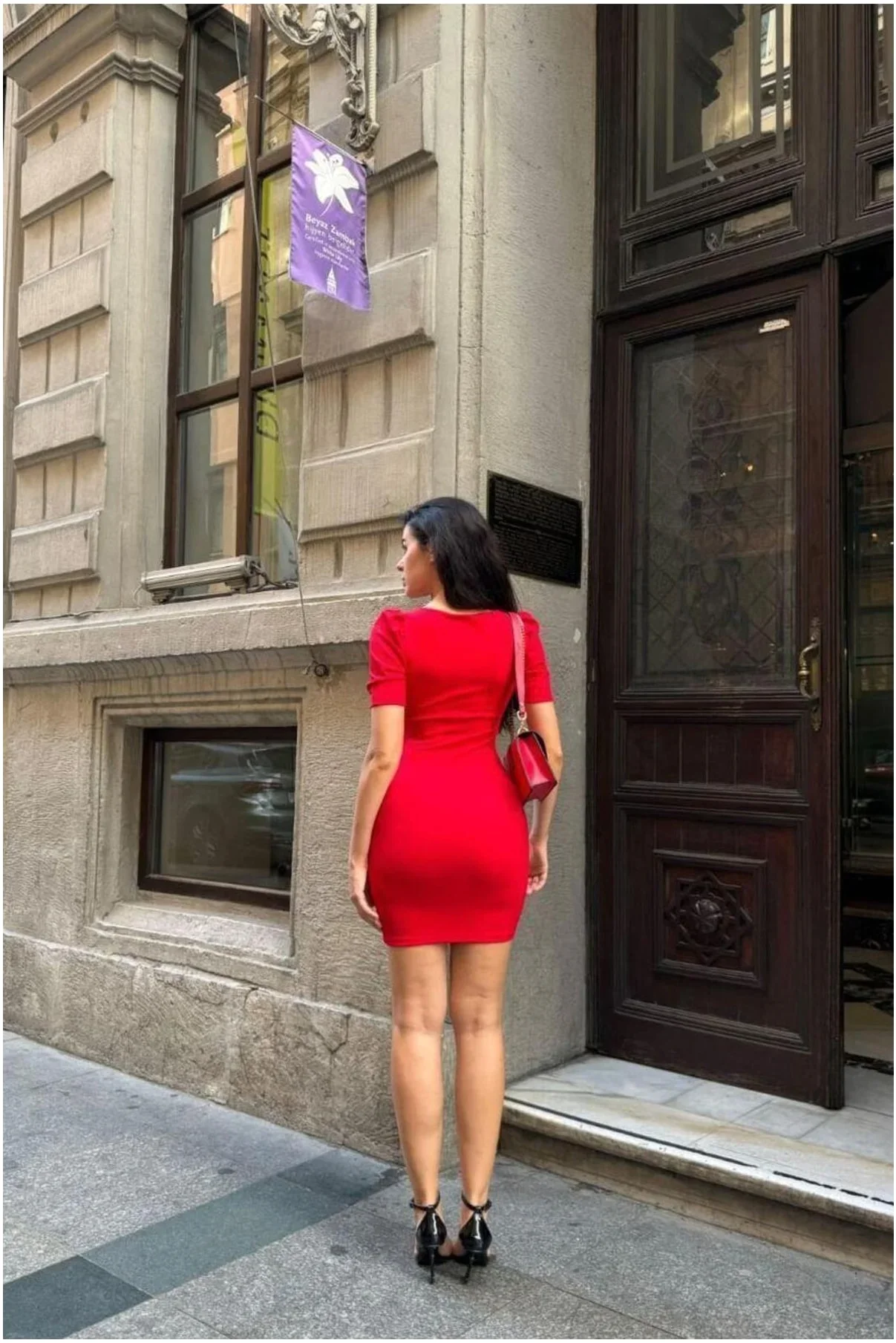 Kadın Özgün Tasarım Kare Yaka Mini Balon Kollu Elbise görsel 4
