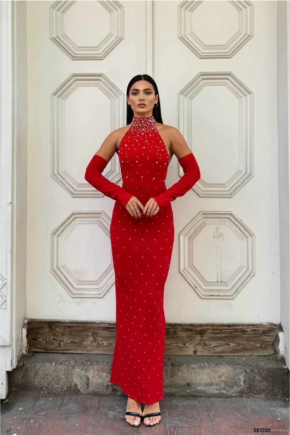 Kadın Gösterişli Balıkçı Yaka Balık Kesim Uzun Kollu Abiye Elbise görsel 3