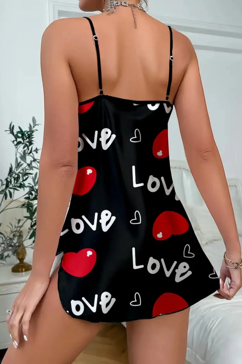 Love Desenli Siyah Saten Gecelik görsel 5