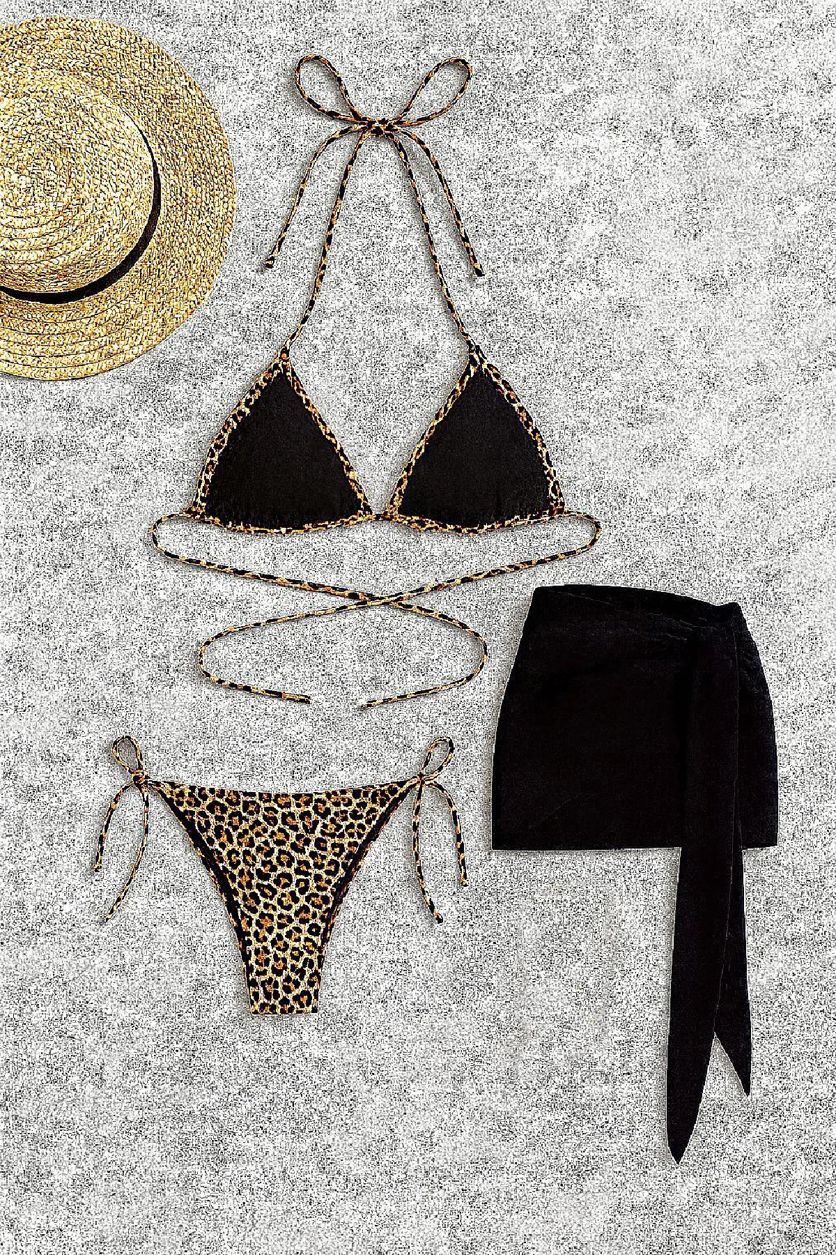 Kadın Siyah ve Leopar Desenli Pareolu 3'lü Bikini Takımı görsel 5