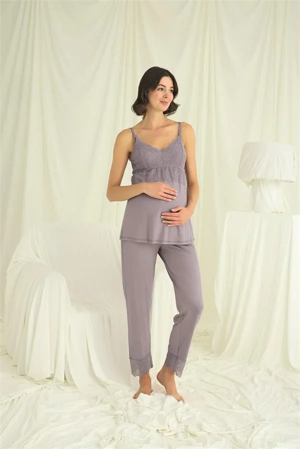 Dantelli Hamile Lohusa 3'lü Pijama Takımı görsel 7
