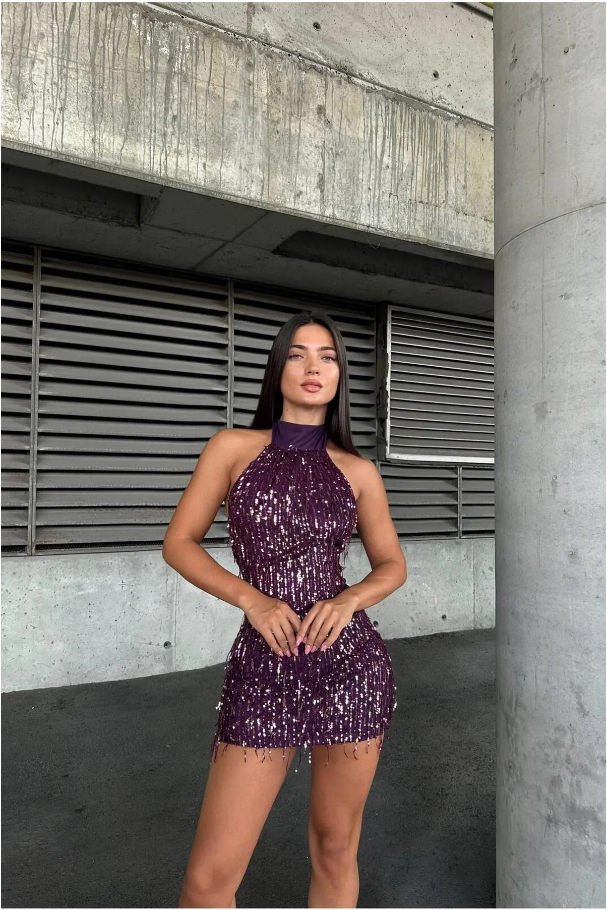 Kadın Bohem Simli Kumaş Halter Yaka Payetli Mini Abiye Elbise görsel 2