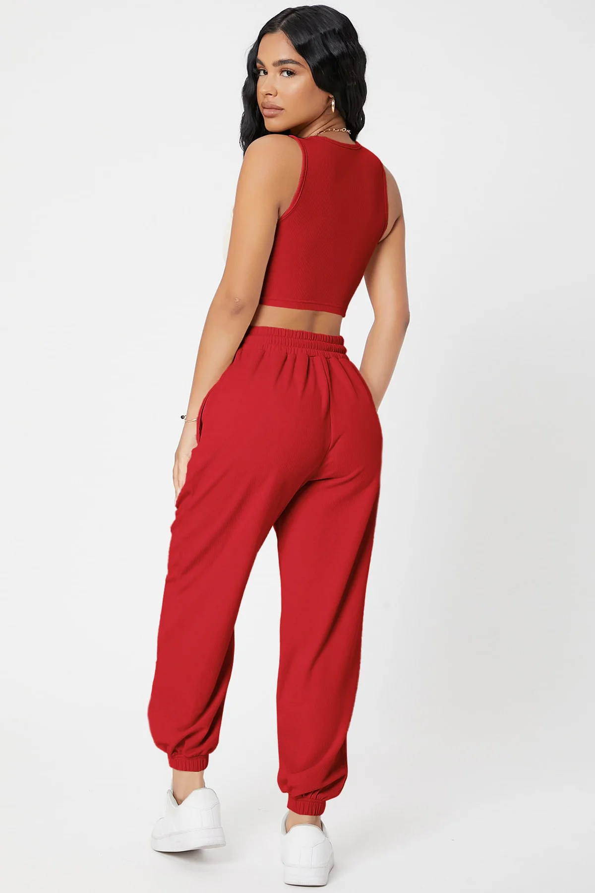 Kadın Kırmızı Kaşkorse Cepli Jogger Eşofman Altı ve Crop Top Bluz görsel 2