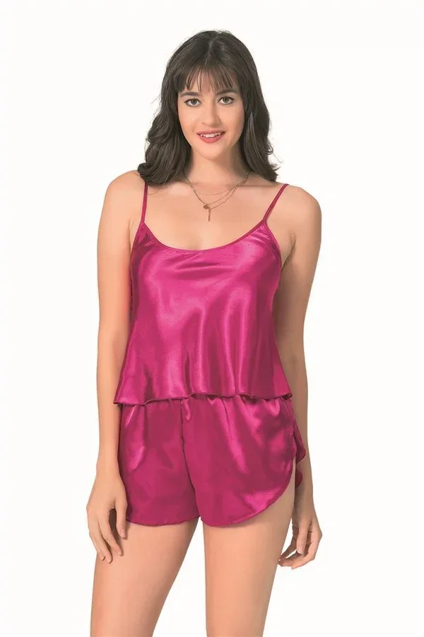 Şık Tasarım Yumuşak Dokulu Vişne Saten Babydoll Şort Takımı
