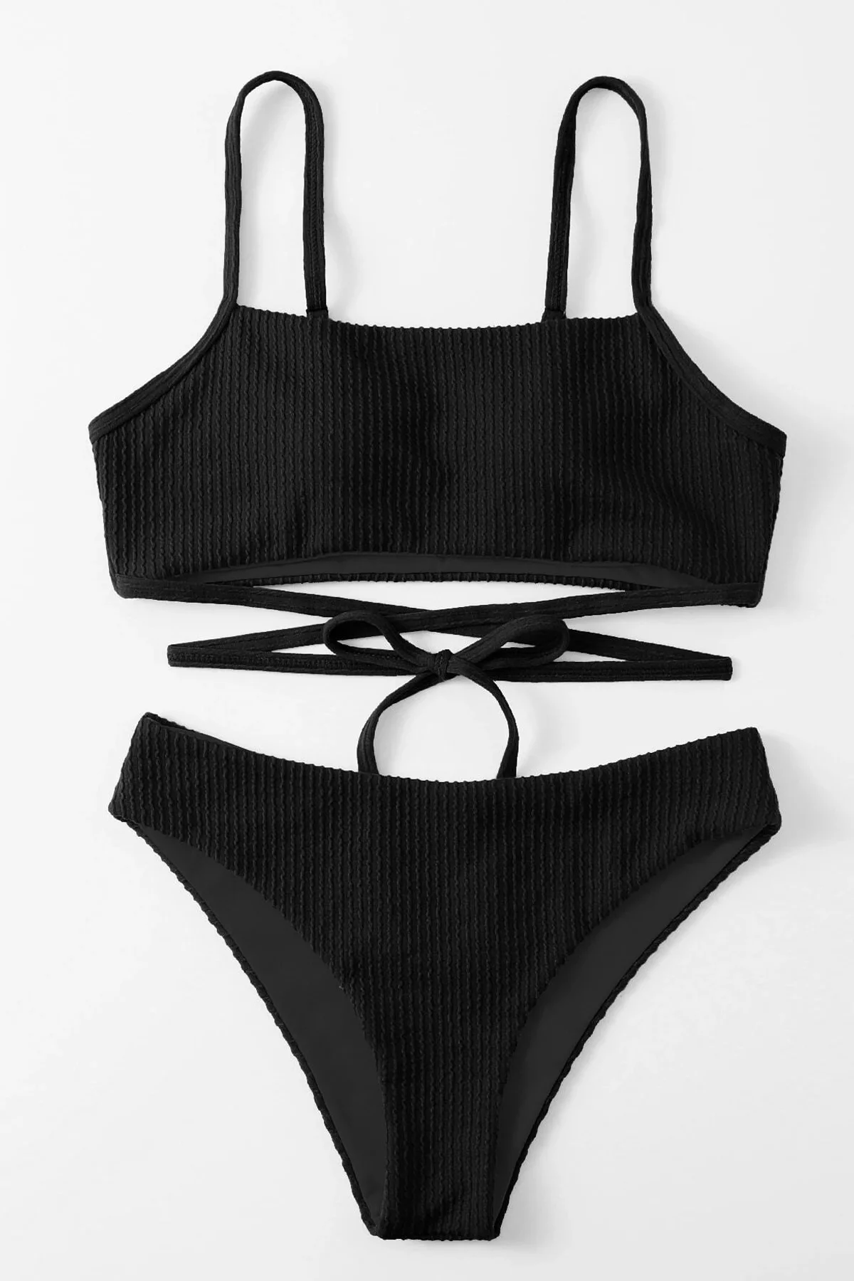 Kadın Siyah Çapraz Bağlama Detaylı Yüksek Bel Bikini Takımı görsel 6