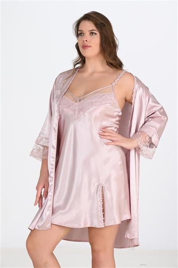 Ahu-2li-Pudra-Sabahlik-Takimi-Bigsize-62-3f7f Premium Büyük Beden Saten Dantel İşlemeli Pudra 2’li Gecelik Sabahlık Takımı Bigsize - Görsel 1