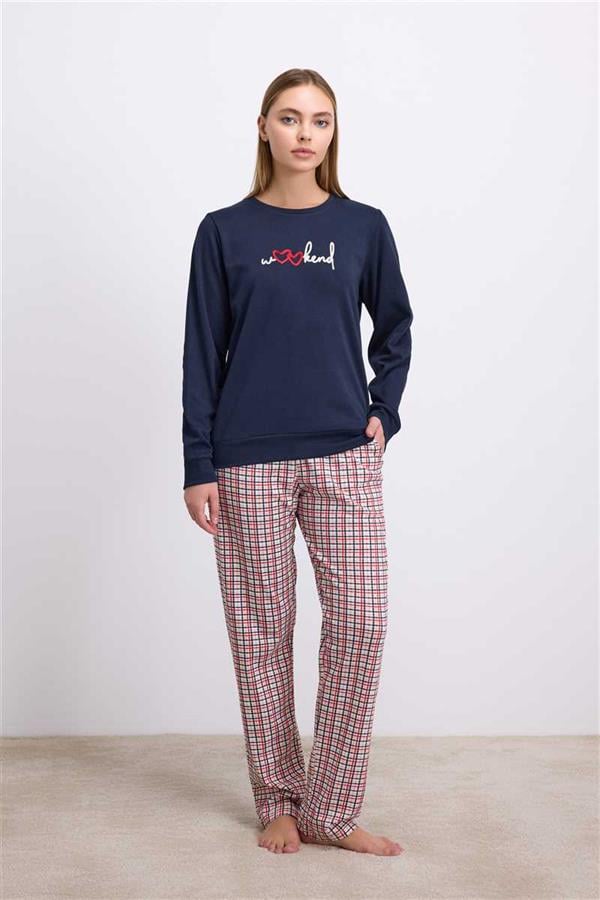 Anil-Kadin-Uzun-Kol-Sweatshirt-ve-Ekose-b5c9 Pamuklu Uzun Kol Sweatshirt ve Ekose Pantolon Pijama Takımı - Görsel 1