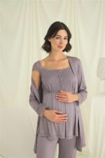 Dantelli Önü Düğmeli Hamile Lohusa 3’lü Pijama Takımı - Görsel 4