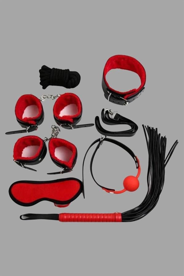 KirmiziSiyah-Ici-Tuglu-Deri-7-Li-Harnes-d652 Kırmızı/Siyah İçi Tüylü Deri 7’li Harness Set - Görsel 1