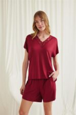 Closet Kısa Kollu Dantelli V Yaka Şort Pijama Takımı - Görsel 4